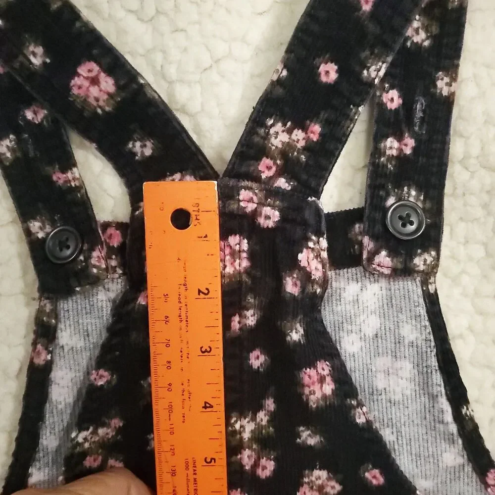 The Children's Place Girls Corduroy Jumper Dress Sz 10 Black Pink Floral Overall